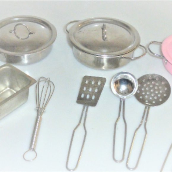 DOLL HOUSE Dishes Pots Pans Stainless Steel Utensils Spatula Playhouse Pretend - Picture 1 of 4